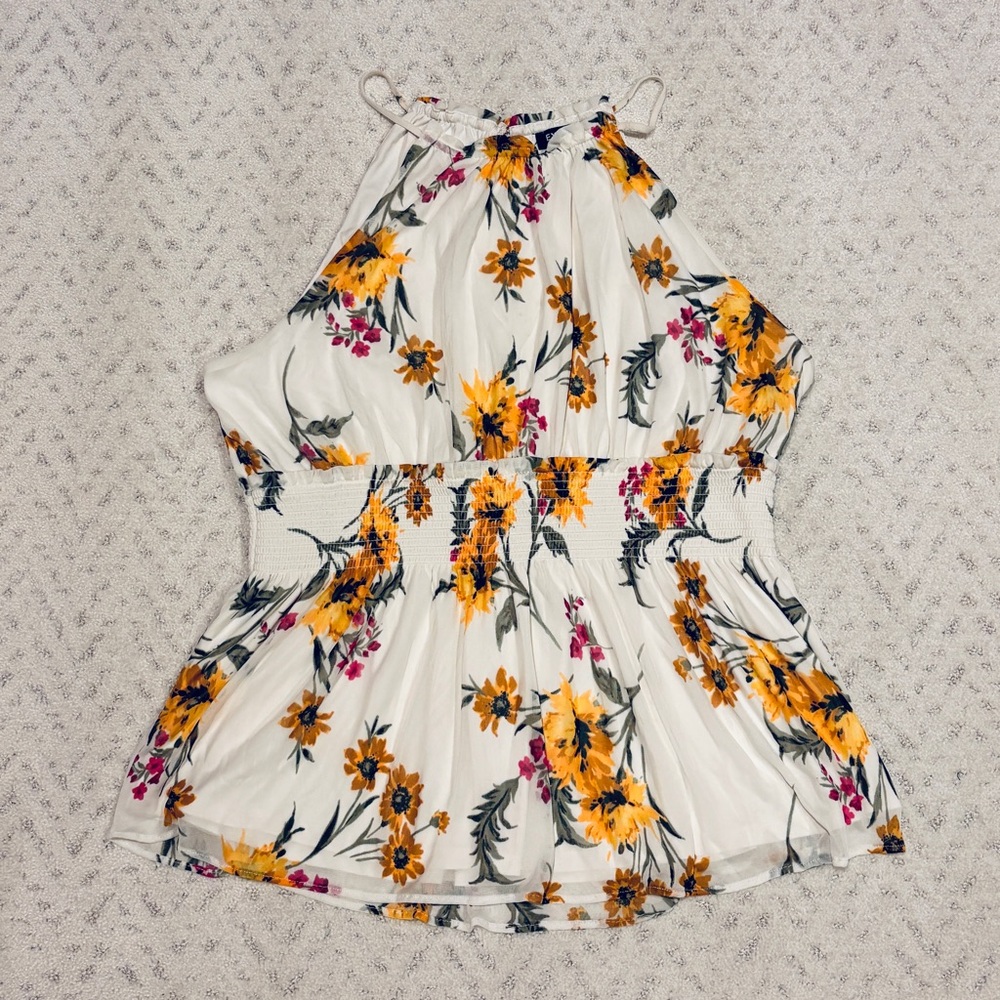 Express Floral Halter Top Size Large Smocked Peplum Waist Cream Yellow Girly